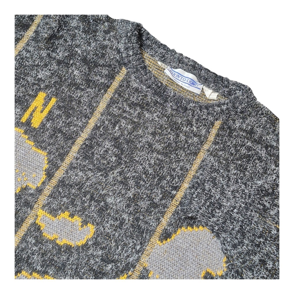 VTG Pronto Uomo Men's L Italy World Map Compass Knit Sweater Pullover Gray